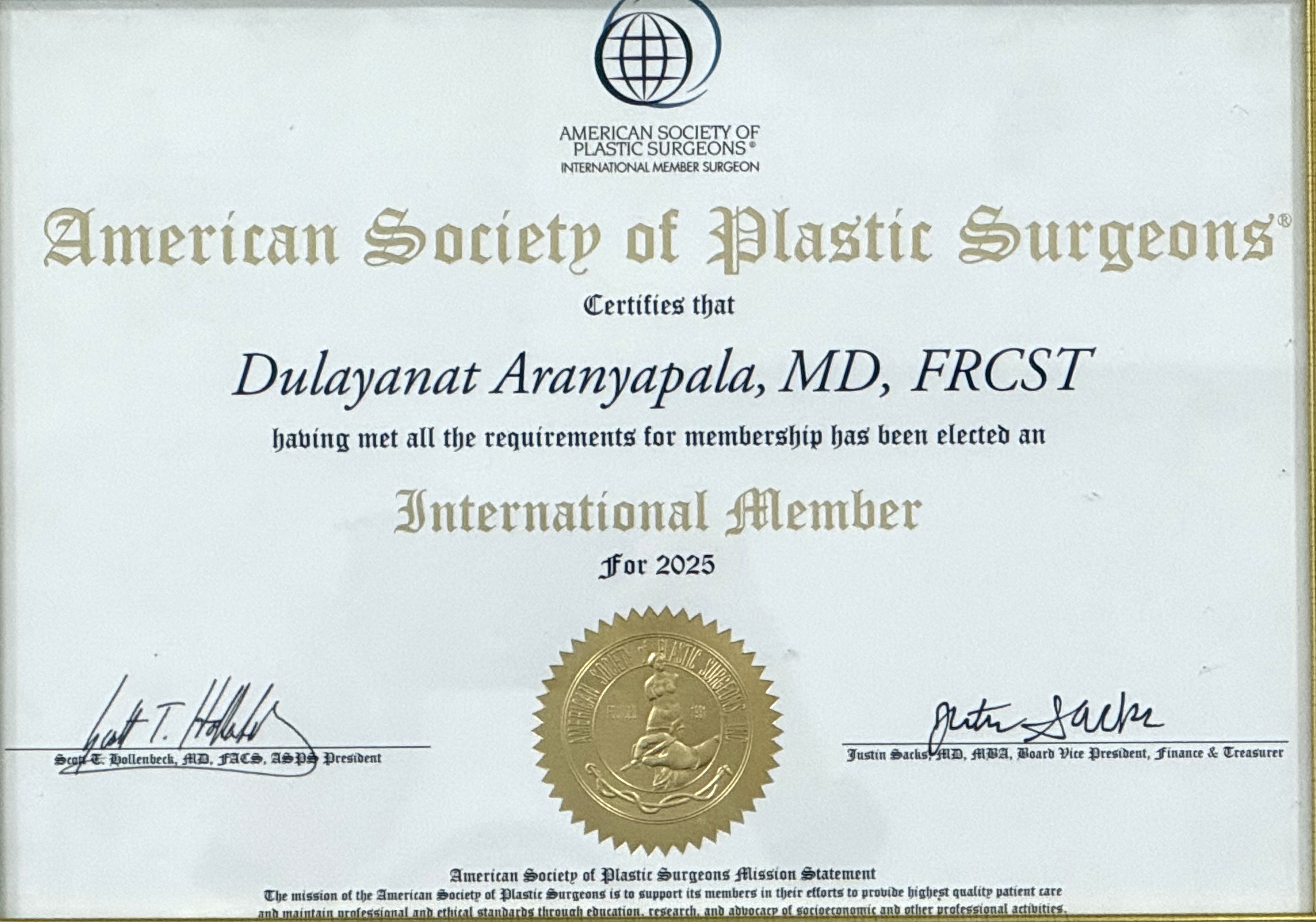 ASPS Member Certificate